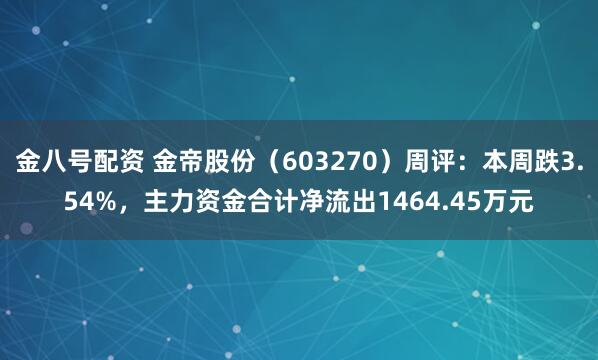 金八号配资 金帝股份（603270）周评：本周跌3.54%，主力资金合计净流出1464.45万元